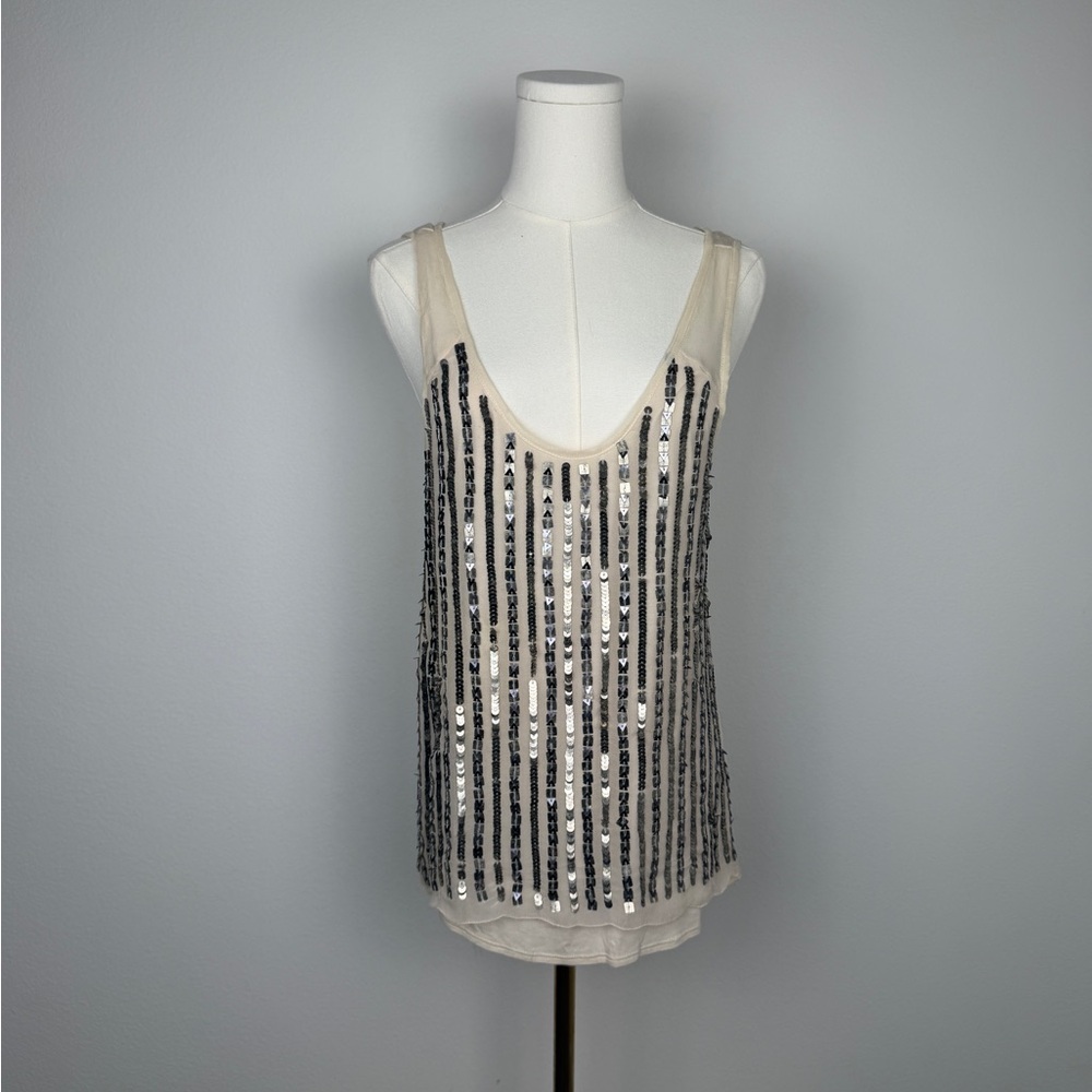 Babakul XS Embellished Sequin Tank Top Cream Beaded Sheer Overlay Tunic